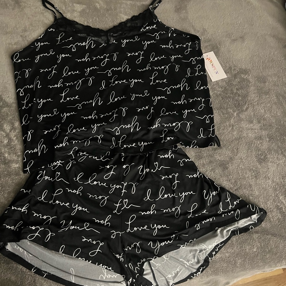 Womens Dreamy Soft Lace Trim knit Cami and short set with words words I Love You - Picture 6 of 7